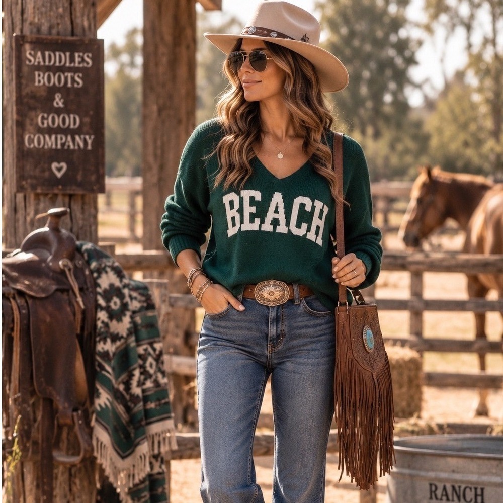 274.New Zenana Dark Green BEACH Graphic V-Neck Knit Sweater Long Sleeve Pullover